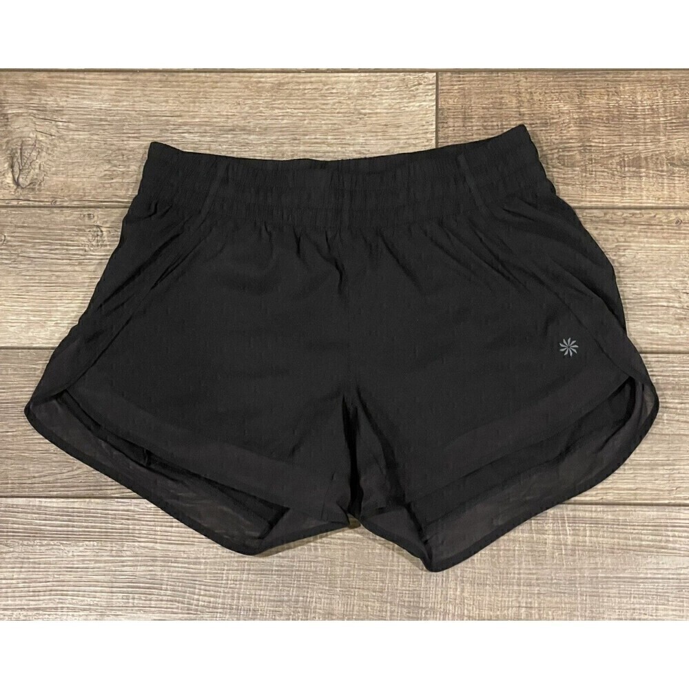 Athleta Mesh Racer Run Short 4" Womens XS Black Zip Pocket Elastic Waist Logo
